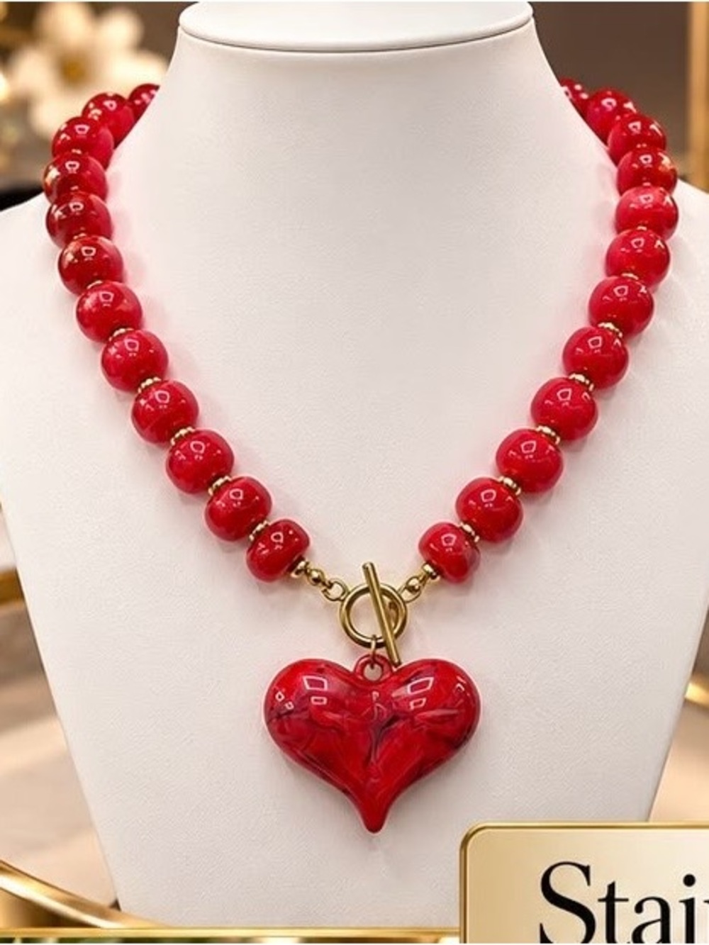 Trendy Jewels Red Beaded Necklace with Heart Pendant